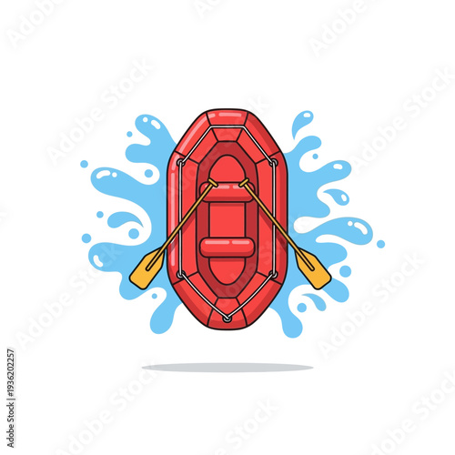 Red Raft Boat with Paddles on Blue Water Splashes, Adventure Vector