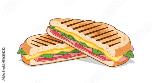 Delicious Ham and Cheese Panini Sandwich Grilled with Fresh Greens
