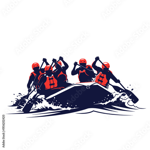 Team Rafting Adventure, Paddling Down River Rapids, Extreme Water Sport