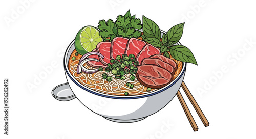 Delicious Vietnamese Pho Bo with Rare Beef, Noodles, Herbs, and Lime in Bowl