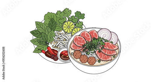 Delicious Vietnamese Pho Bo with Beef, Meatballs, Herbs, Lime, and Chili