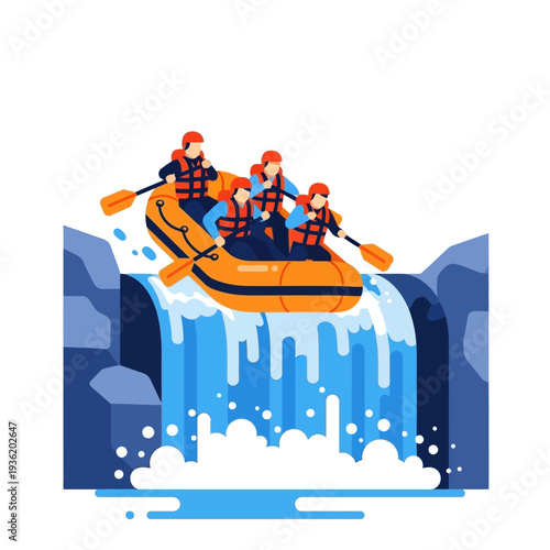 Team Whitewater Rafting Excursion Over Waterfall Extreme Adventure