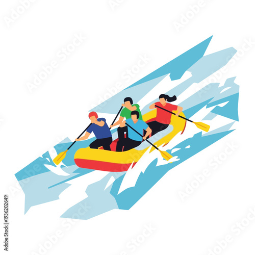 Teamwork on whitewater rafting adventure, people paddling yellow raft in blue rapids