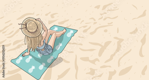 Minimalist top view of woman in straw hat relaxing on beach towel with copy space on sand background