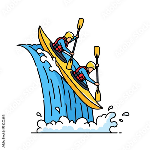 Two kayakers in yellow kayak descending a waterfall, adventure sport, extreme water activity