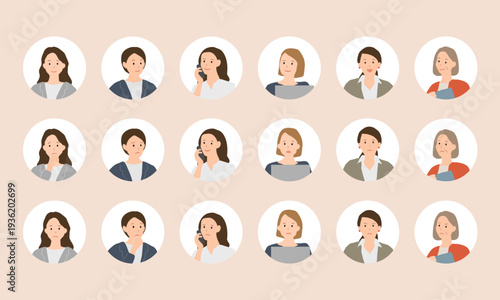 ビジネス女性の表情アイコンセット 年齢別バリエーション