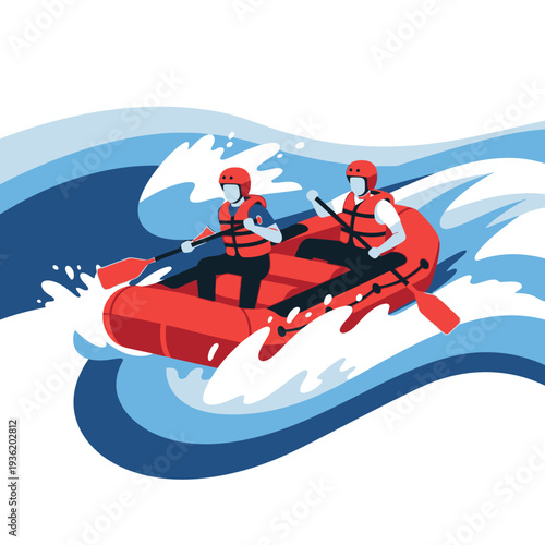 Two people rafting down a river in a red raft, wearing helmets and life vests.