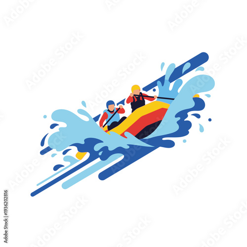 Two people rafting down a river splashing water, adventure sport illustration