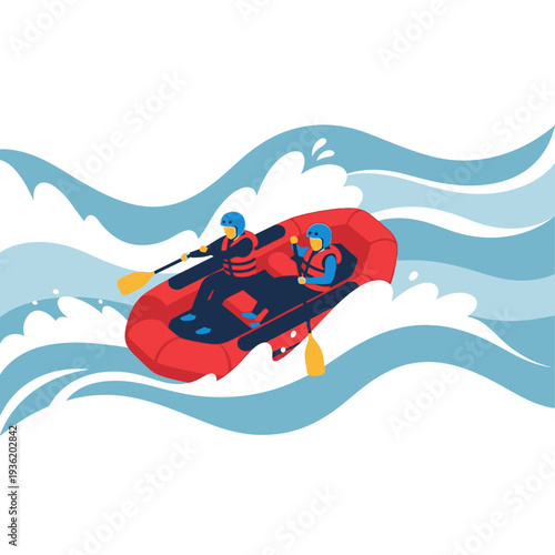 Two people white water rafting adventure in a red raft on blue waves