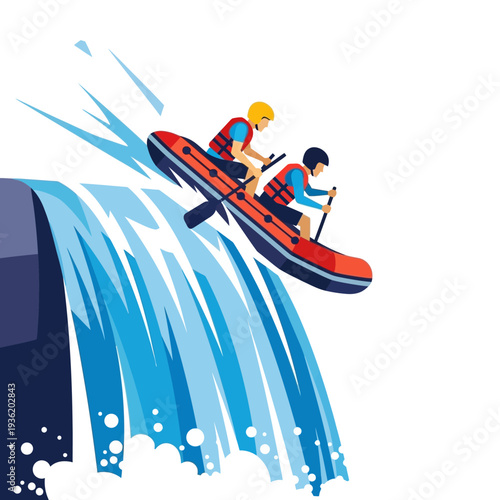 Two people rafting down a waterfall, extreme sport adventure, white water rapids