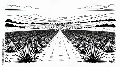 Black and white illustration of agave plants in rows with a dirt path leading to distant hills under a cloudy sky