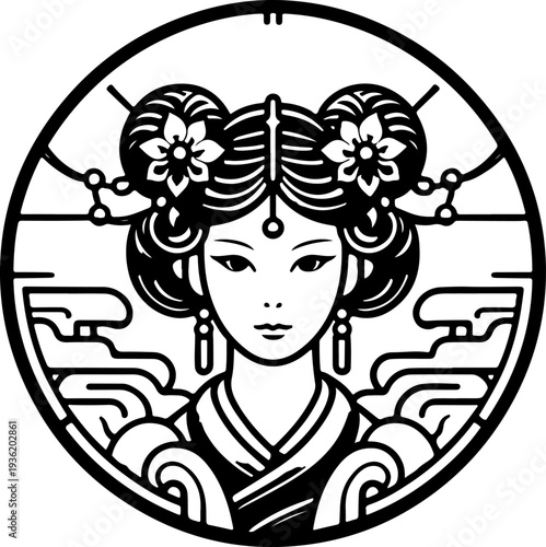 High-Resolution Vector Art of an Asian Royal Woman, Combining Traditional Attire with Modern Graphics, Ideal for Luxury Goods and Asian-Themed Events