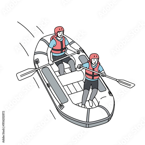 Two people white water rafting in a raft boat with paddles, active lifestyle illustration