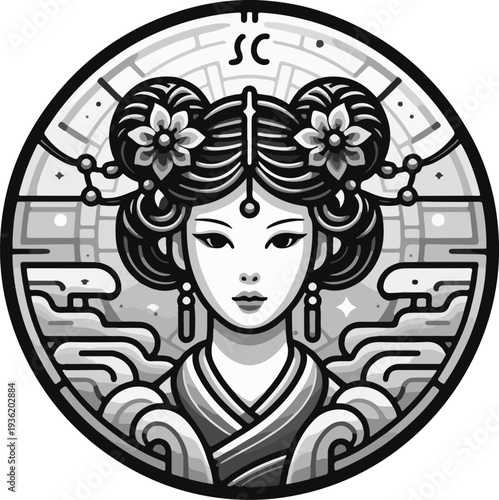 High-Resolution Vector Art of an Asian Royal Woman, Combining Traditional Attire with Modern Graphics, Ideal for Luxury Goods and Asian-Themed Events 