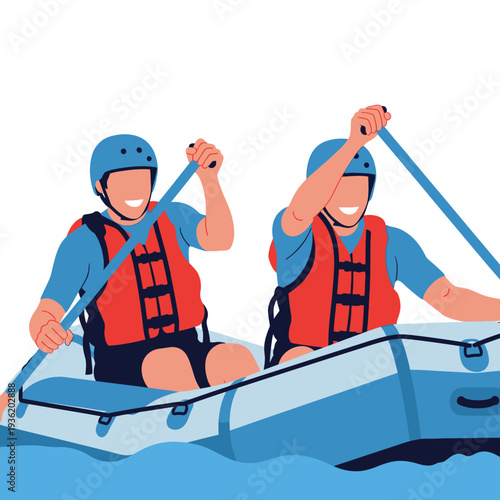 Two people white water rafting in a raft, paddling together, adventure sport