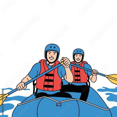 Two people white water rafting, smiling, paddling down river, adventure sport