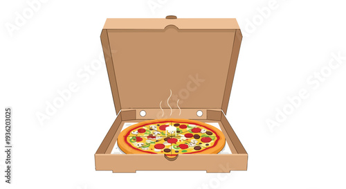 Hot Pepperoni Pizza in Open Cardboard Box, Steaming, Ready to Eat