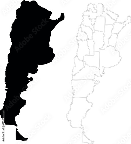 Argentina Map Set Vector - Solid Black Silhouette and Thin Line Provincial Outline Comparison