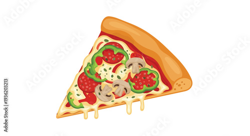 Delicious slice of pizza with pepperoni, mushrooms, and green peppers, dripping cheese.