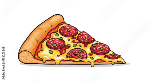 Delicious Pepperoni Pizza Slice with Melted Cheese and Green Peppers, Italian Food