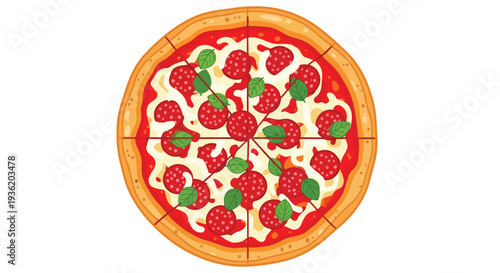 Delicious Pepperoni Pizza With Fresh Basil Leaves, Top View, Isolated On White Background