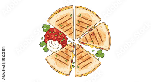 Delicious quesadilla cut into wedges, served with salsa and sour cream, isolated on white background.
