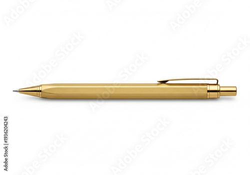 Golden ballpoint pen with clip isolated on white background