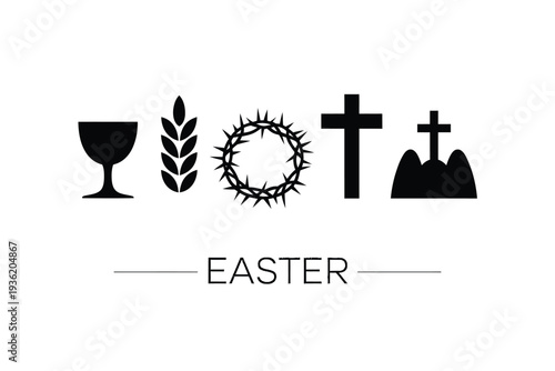 Easter icon set with cross, crown of thorns and bread silhouette