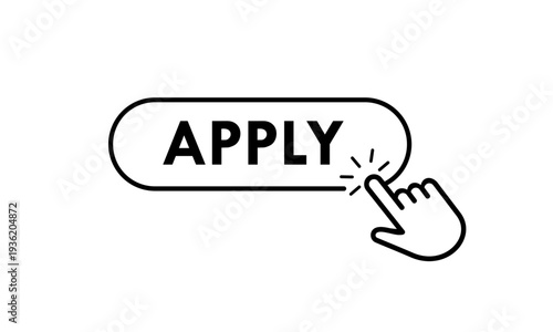 Black and white minimalist apply button icon with a clicking hand cursor. Clean vector design for job recruitment, university enrollment, or website interface registration.
