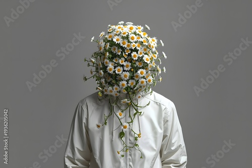 Person with daisies obscuring face wearing white shirt
