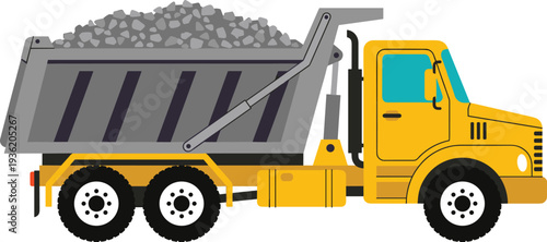 Yellow Dump Truck Loaded with Gravel Isolated on White Background, Heavy Construction Vehicle Flat Vector Illustration for Industrial Transport