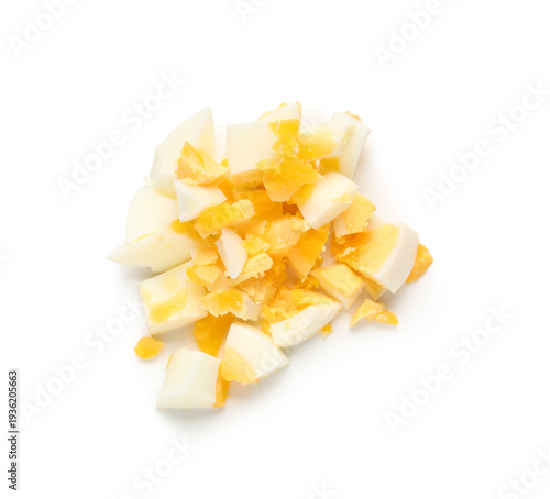 Diced boiled egg on white background