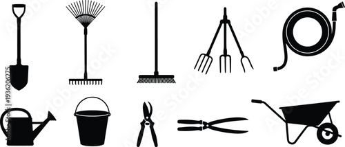 Black silhouette gardening tools set including shovel, rake, watering can, hose, wheelbarrow and pruning shears isolated on white background