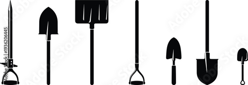 Black silhouette set of garden tools including shovel, spade, rake and pitchfork isolated on white background, minimalist farming equipment illustration