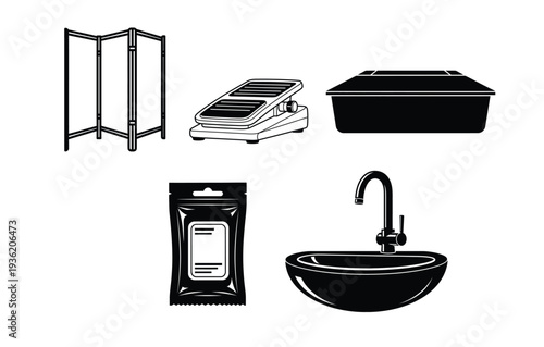 Medical Clinic Interior Equipment Black Icon Set with Privacy Screen Sink and Sanitizer Pack