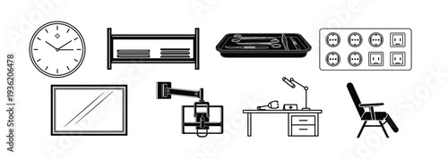 Complete Hospital Room Equipment Black Icon Set with Medical Devices and Clinical Tools