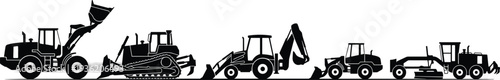 Silhouette illustration of diverse construction vehicles including loader, bulldozer, backhoe, grader, and tractor, showcasing heavy machinery design, excavation, and industrial engineering.