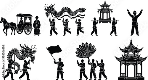 Traditional Chinese Cultural Celebration Silhouette Set Featuring Dragon Dance Performers Imperial Horse Carriage Pagoda Pavilion Flag Bearers and Festive Lunar New Year Parade