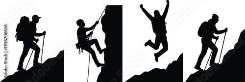 Silhouette illustration of hikers and climbers in mountain adventure poses, showcasing outdoor exploration, physical activity, achievement, and nature lifestyle diversity.