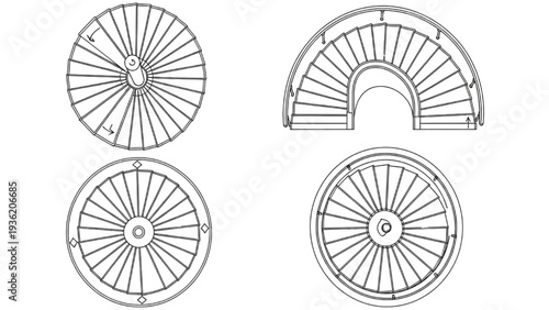 Detailed Architectural Blueprints Illustrating Various Circular and Curved Staircase Designs in Plan View
