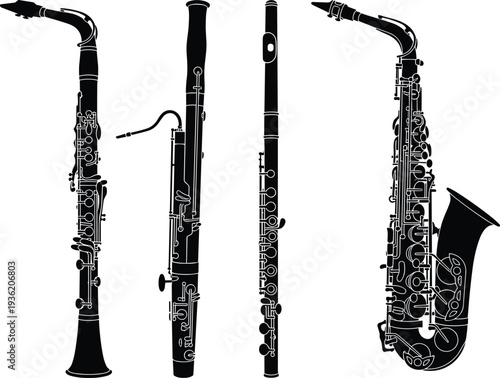 Silhouette illustration of woodwind instruments including bass clarinet, bassoon, flute, and alto saxophone, highlighting musical design, structure, and artistic comparison.