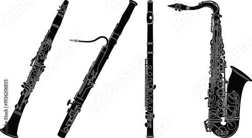 Silhouette illustration of woodwind musical instruments including clarinet, bassoon, flute, and saxophone, highlighting design details, structure, and artistic comparison.