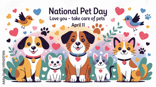 National pet day banner with cute animals and hearts