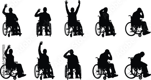 Silhouette illustration of diverse wheelchair users in expressive poses, highlighting inclusivity, accessibility, independence, diversity, and human gestures in everyday life.