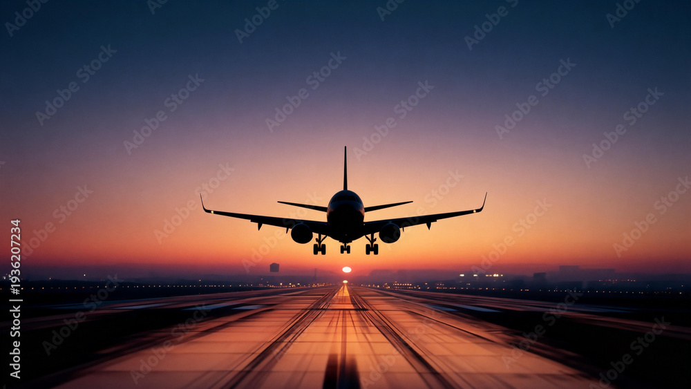 Fototapeta premium Airplane taking off at sunset