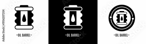 Oil barrel logo set. Collection of black and white logos. Stock vector.