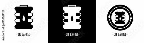 Oil barrel logo set. Collection of black and white logos. Stock vector.