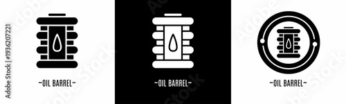 Oil barrel logo set. Collection of black and white logos. Stock vector.