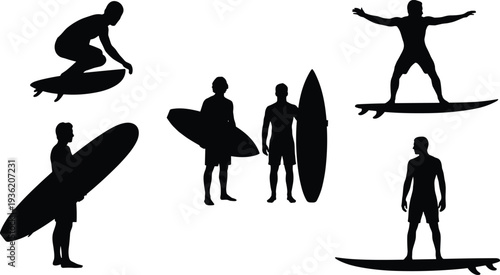 Black Vector Silhouette Set of Surfers Featuring Men and Women Riding Waves Carrying Surfboards and Standing on the Beach for Summer Sports Design