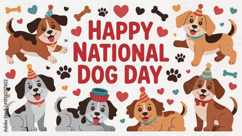 Happy national dog day celebration with six adorable dogs wearing party hats and surrounded by hearts bones and paw prints on white background